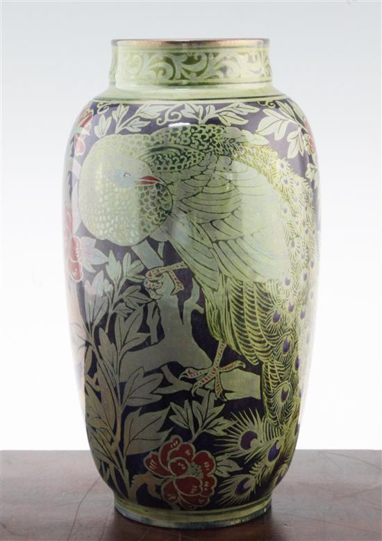 A large Pilkingtons Royal Lancastrian lustre peacock vase, by William S. Mycock, c.1923, 29cm